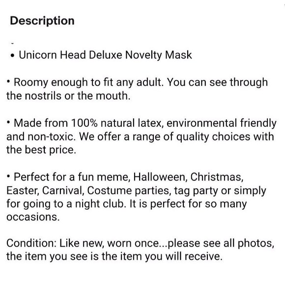 Unicorn Head Deluxe Novelty Mask  Creepy Halloween Costume  Theatre Cosplay - Picture 7 of 7